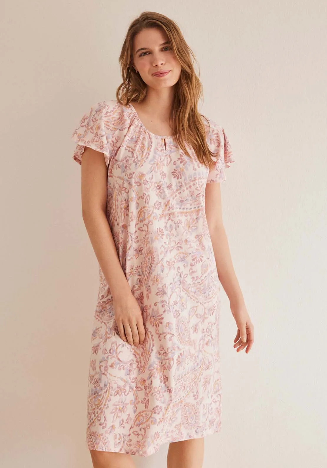 100% cotton paisley short nightgown - Pink