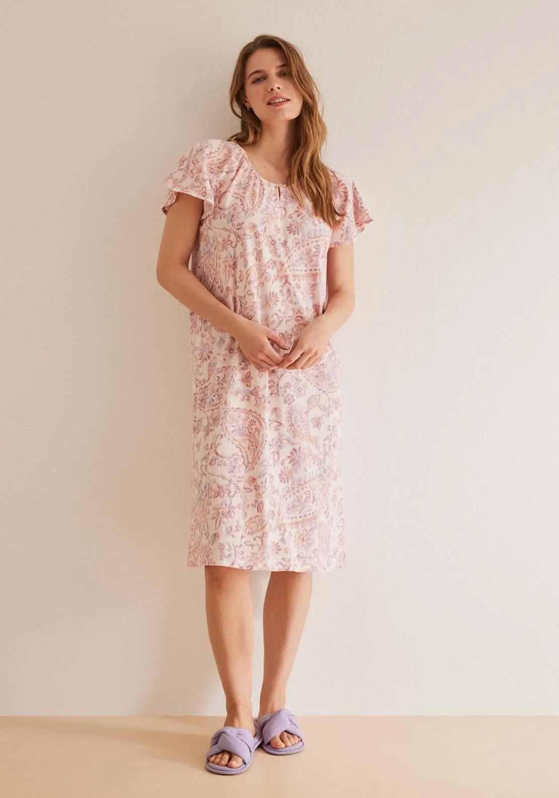 100% cotton paisley short nightgown - Pink