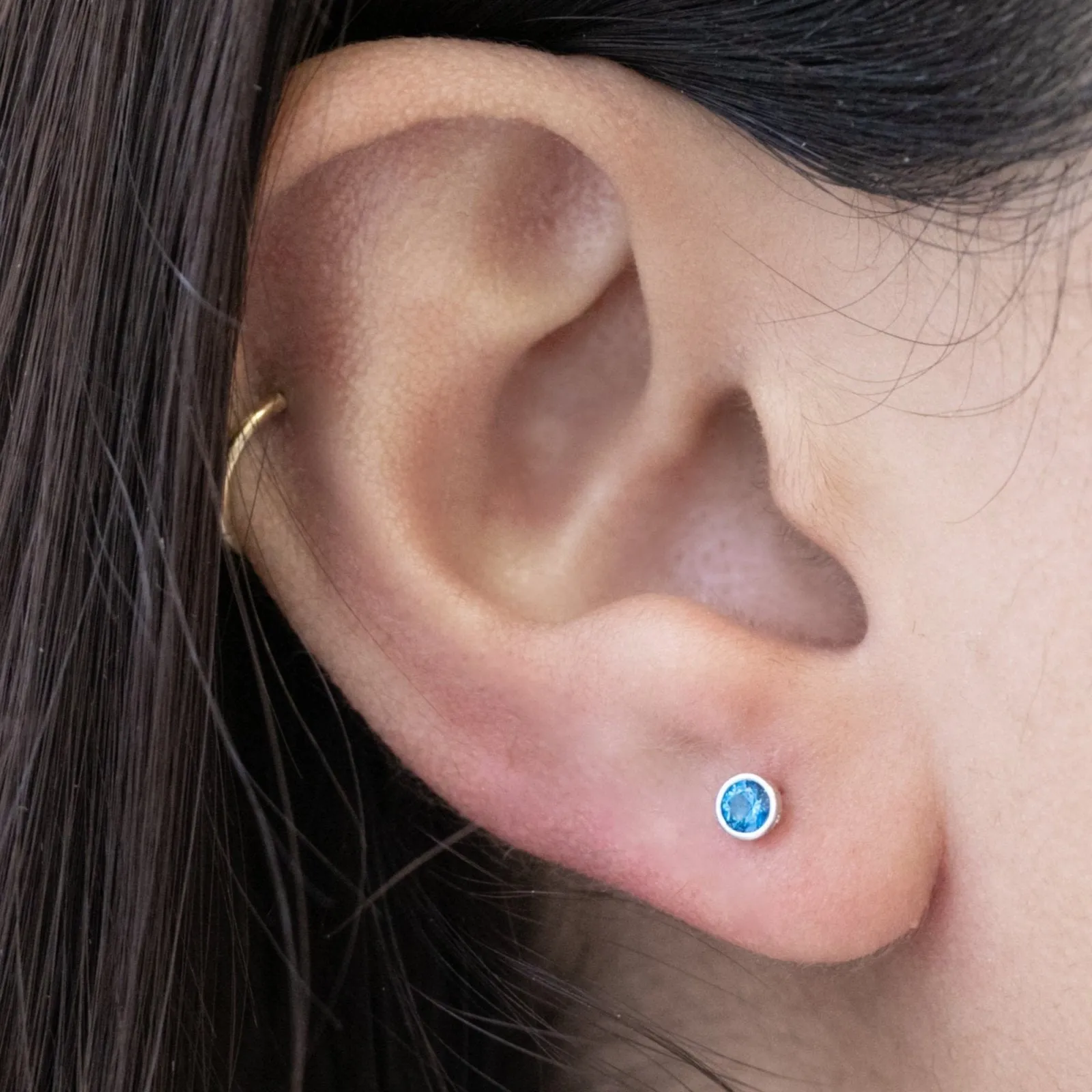 14K Gold Blue Topaz Bezel Tragus Helix Internally threaded Flat Back Labret Earring Stud