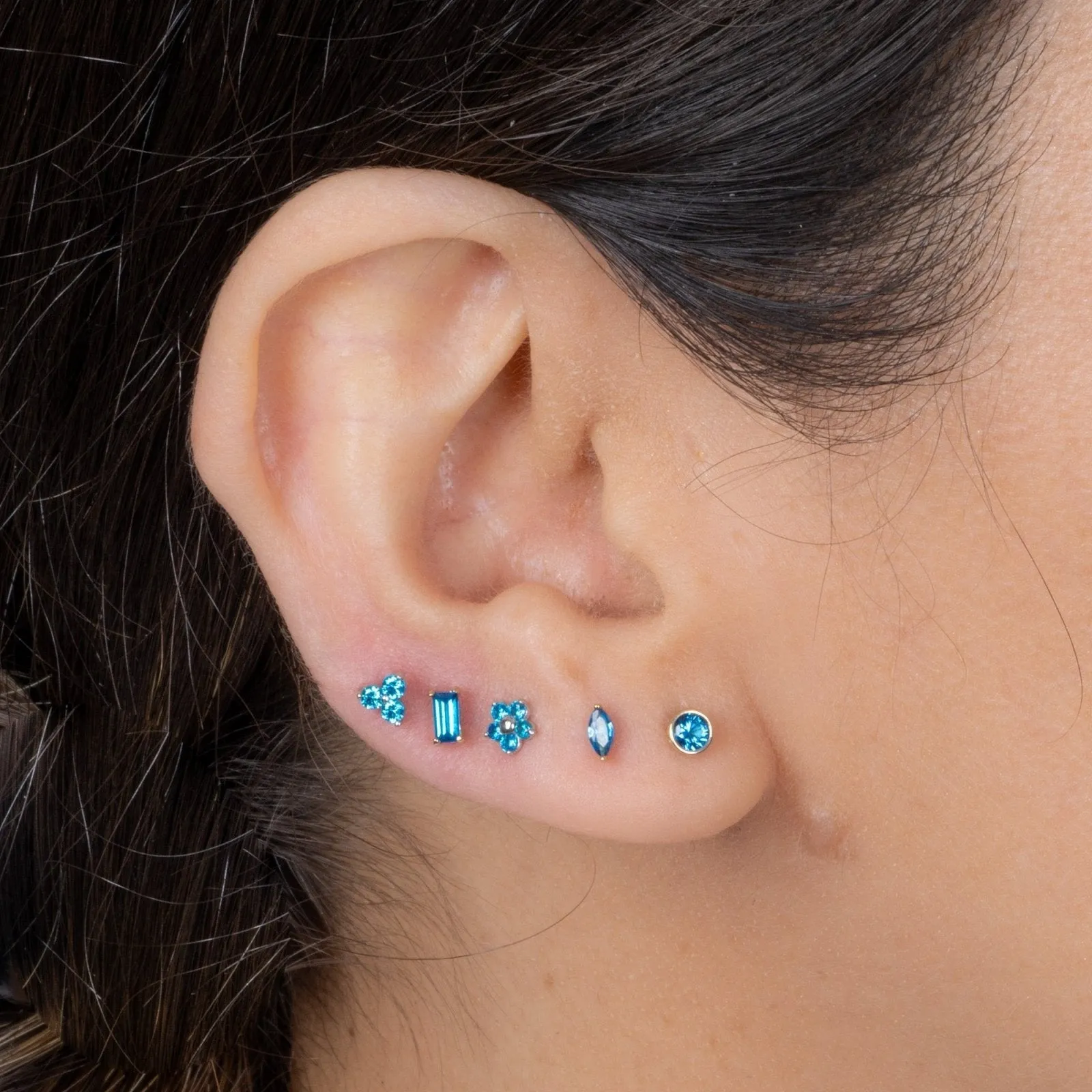 14K Gold Blue Topaz Bezel Tragus Helix Internally threaded Flat Back Labret Earring Stud