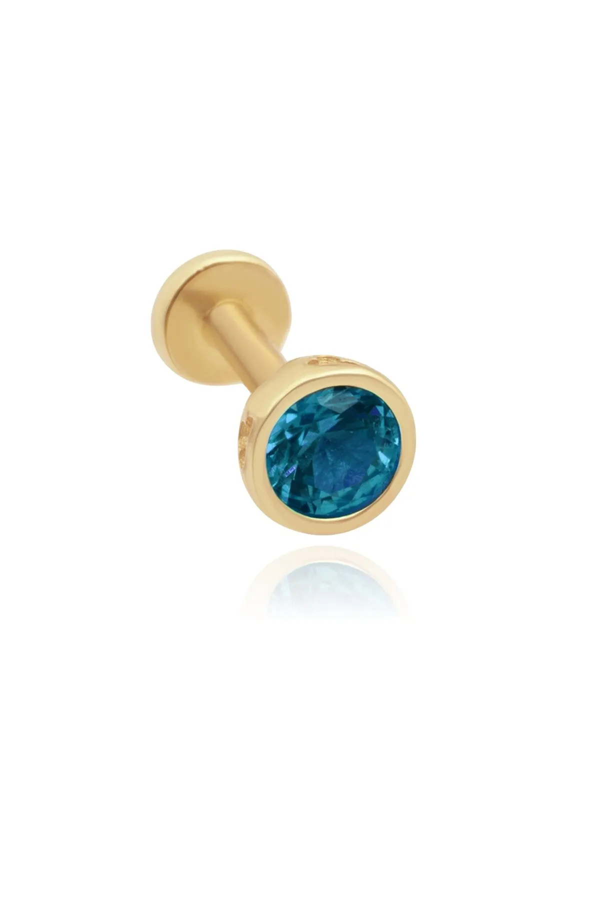 14K Gold Blue Topaz Bezel Tragus Helix Internally threaded Flat Back Labret Earring Stud