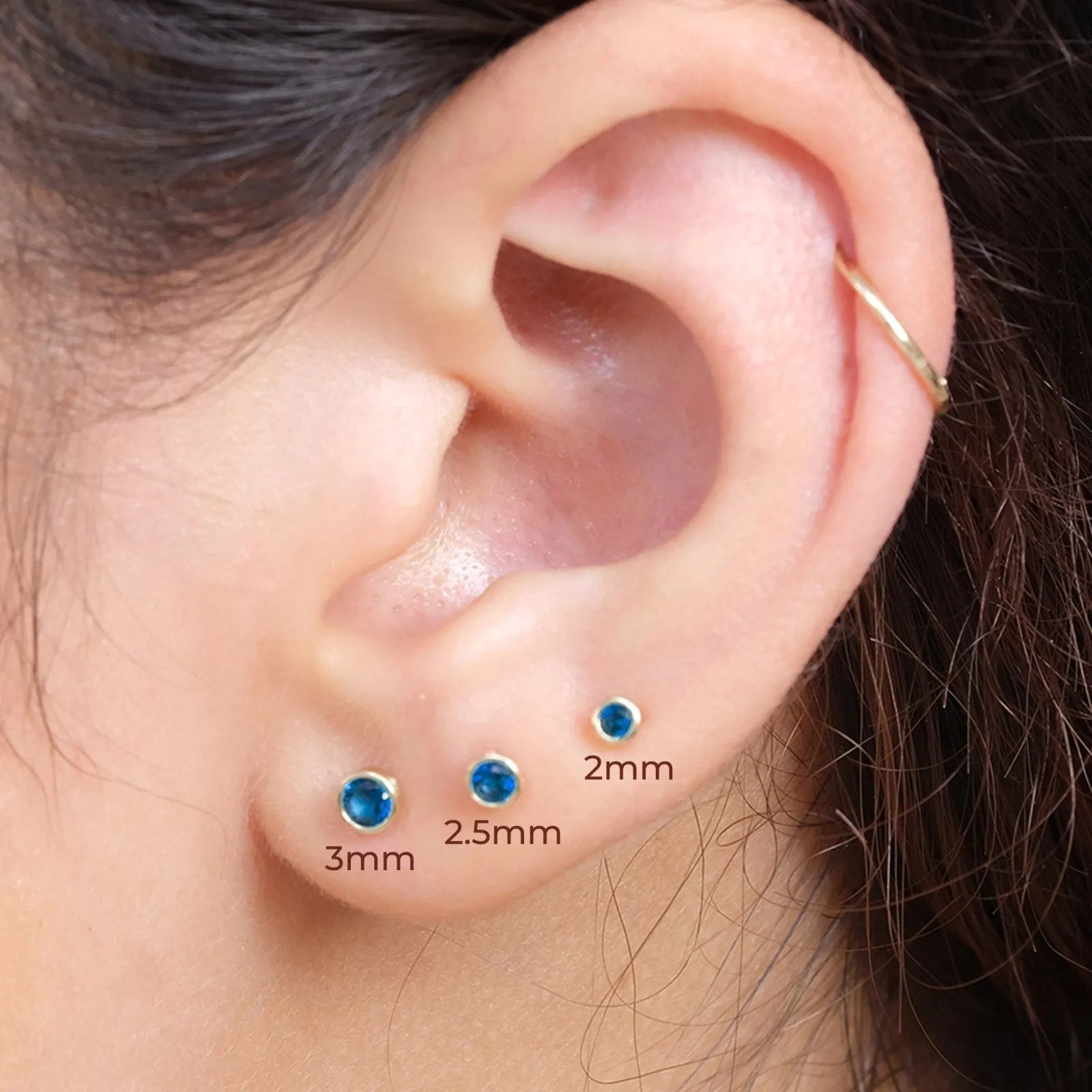 14K Gold Blue Topaz Bezel Tragus Helix Internally threaded Flat Back Labret Earring Stud