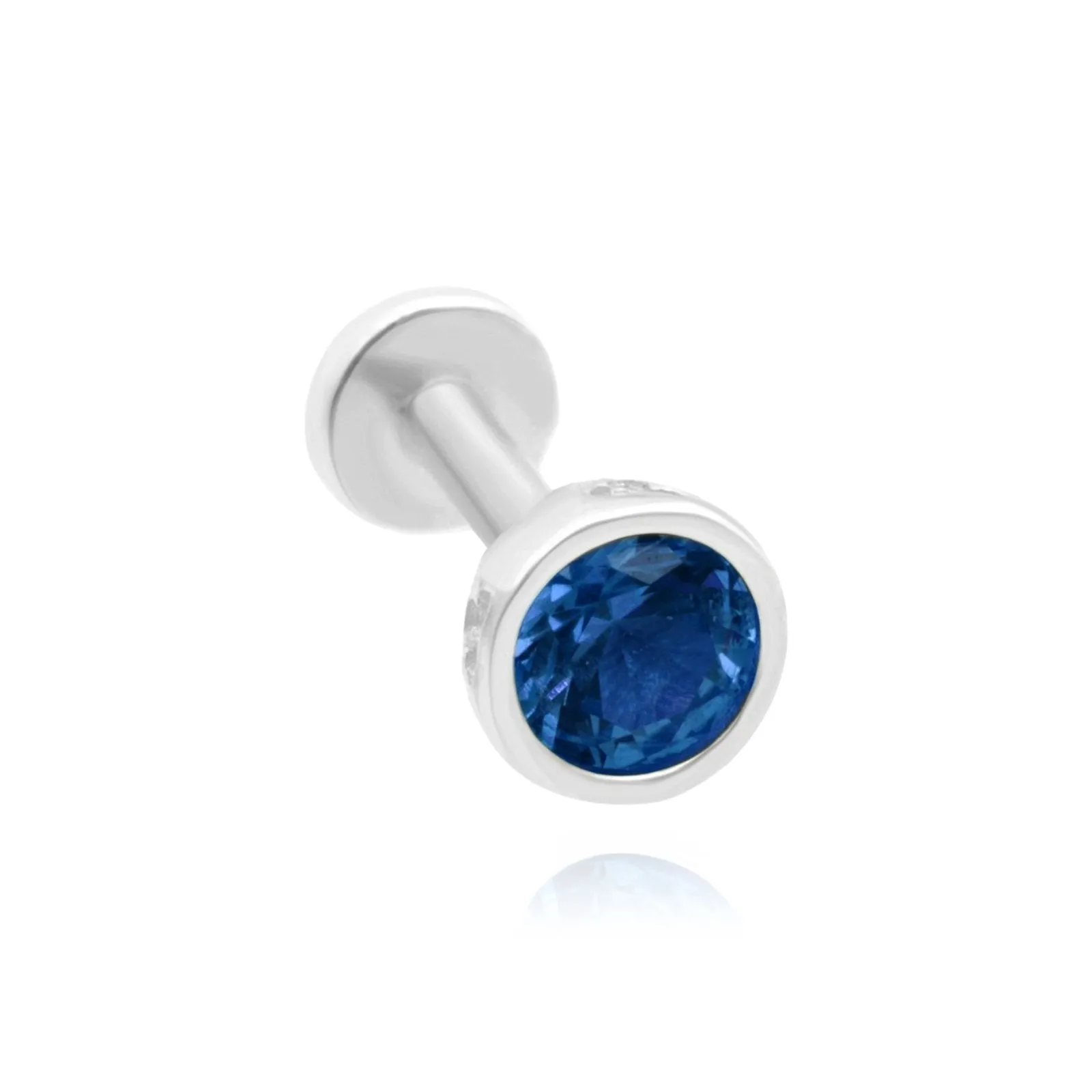 14K Gold Blue Topaz Bezel Tragus Helix Internally threaded Flat Back Labret Earring Stud