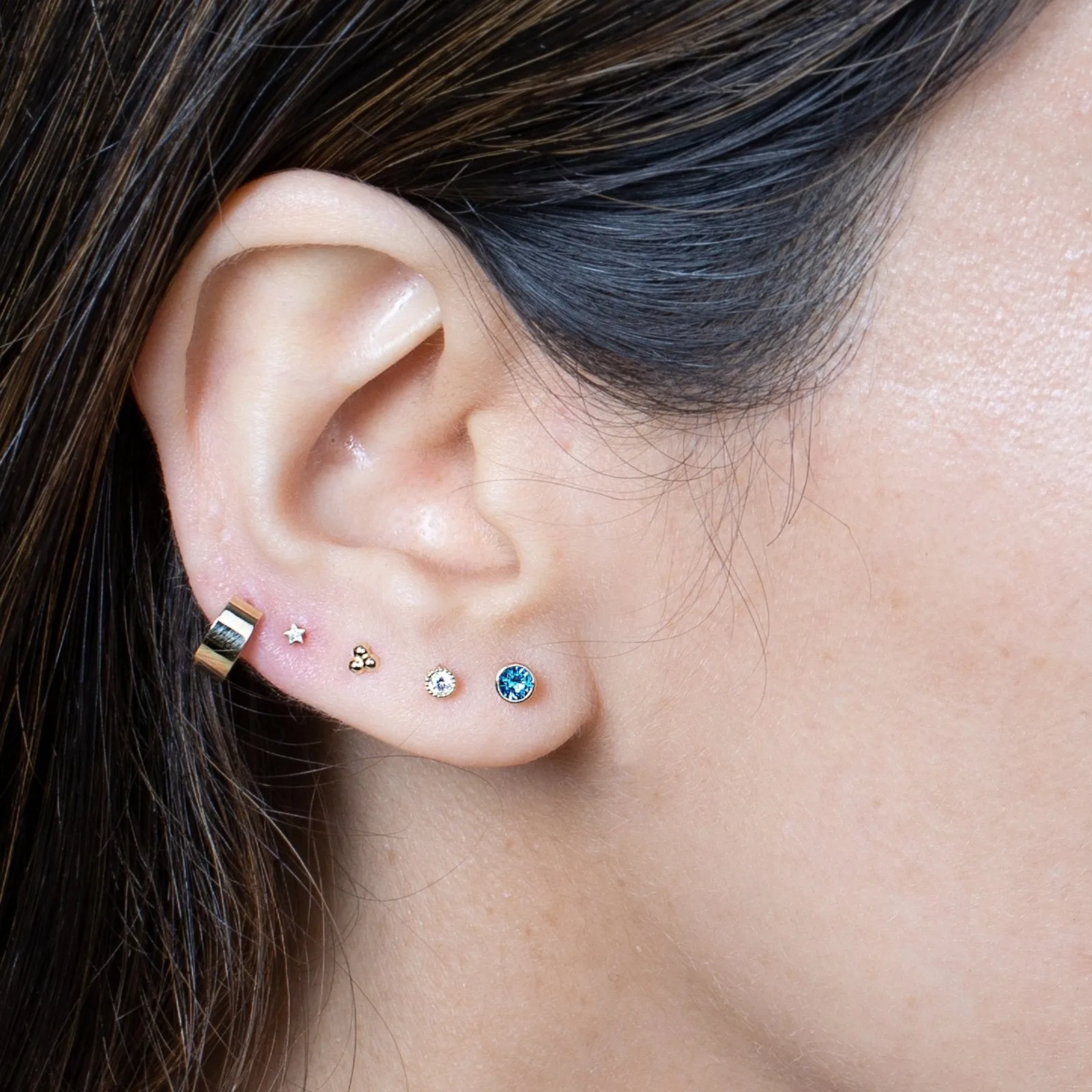 14K Gold Blue Topaz Bezel Tragus Helix Internally threaded Flat Back Labret Earring Stud