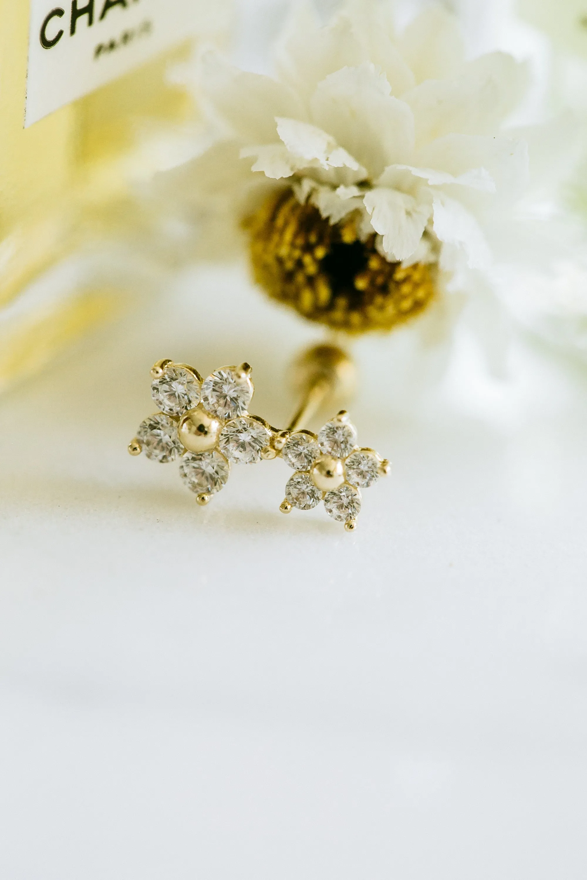 14k Gold Jewelry Double Daisy Flower Barbell Barbells Ears Stud Piercing