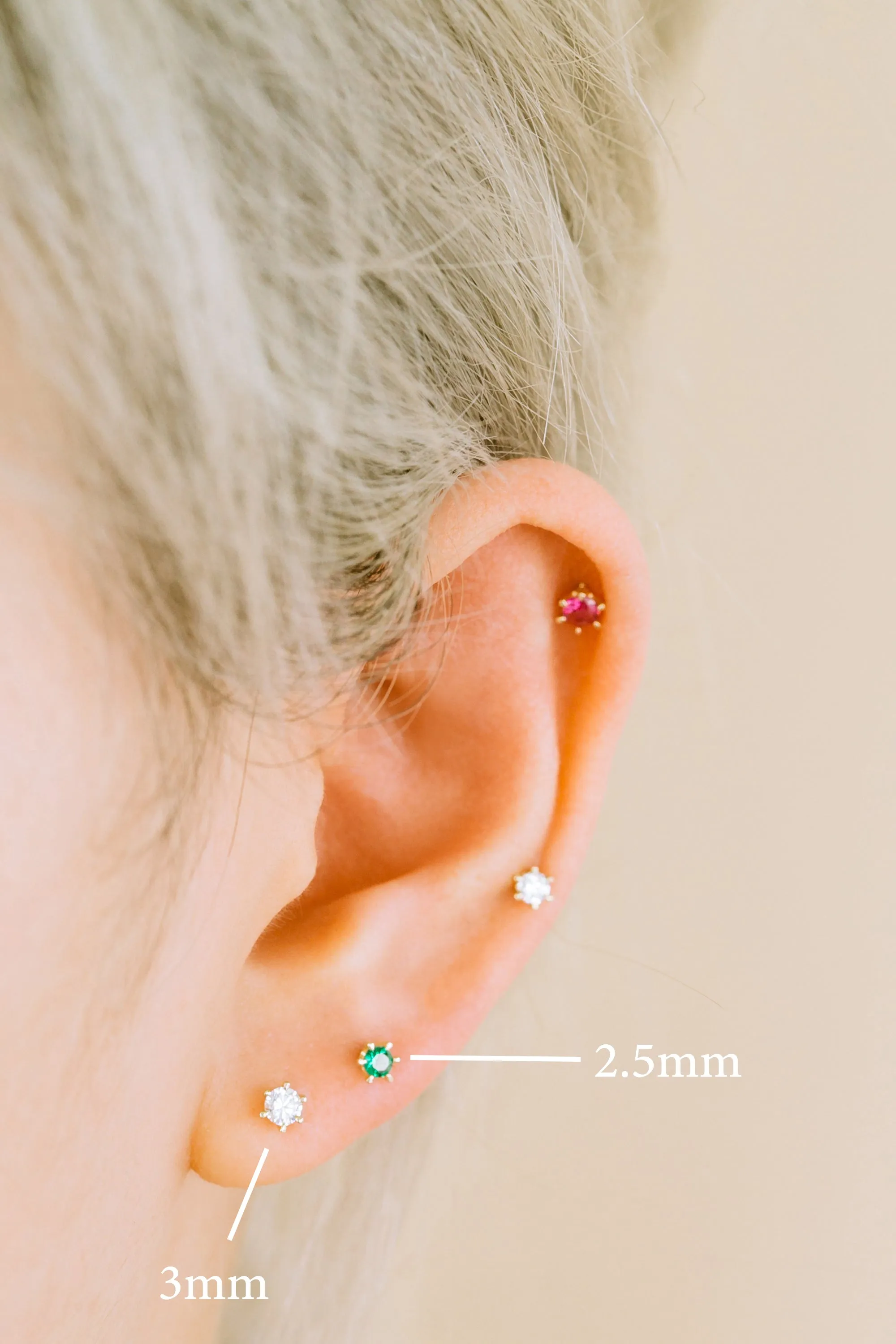 14k Real Gold Birthstone 2.5mm Cubic Tragus Cartilage Inner Conch Helix Ear Stud Internally threaded Earring Labret Piercing For Women