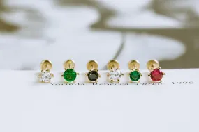 14k Real Gold Birthstone 2.5mm Cubic Tragus Cartilage Inner Conch Helix Ear Stud Internally threaded Earring Labret Piercing For Women