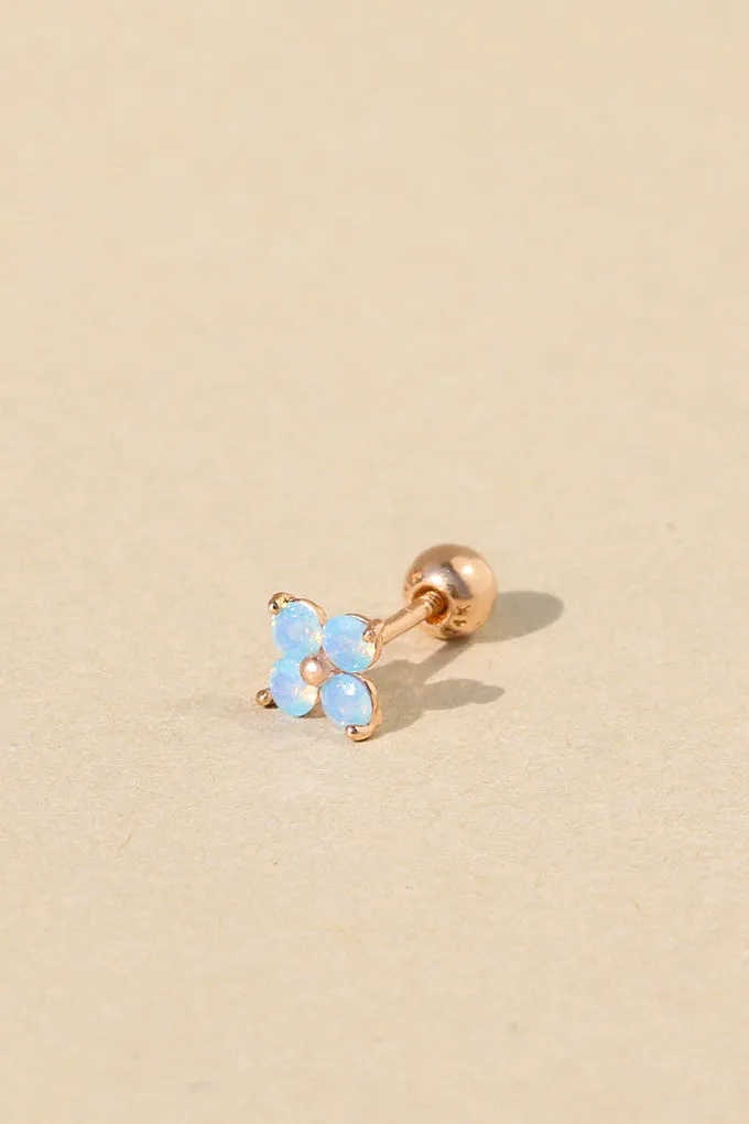 14K Real Gold Blue Opal Cz Flower Anti Tragus Cartilage Forward Helix Inner Conch Lobe Earring Piercing