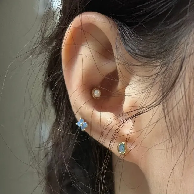 14K Real Gold Blue Opal Cz Flower Anti Tragus Cartilage Forward Helix Inner Conch Lobe Earring Piercing