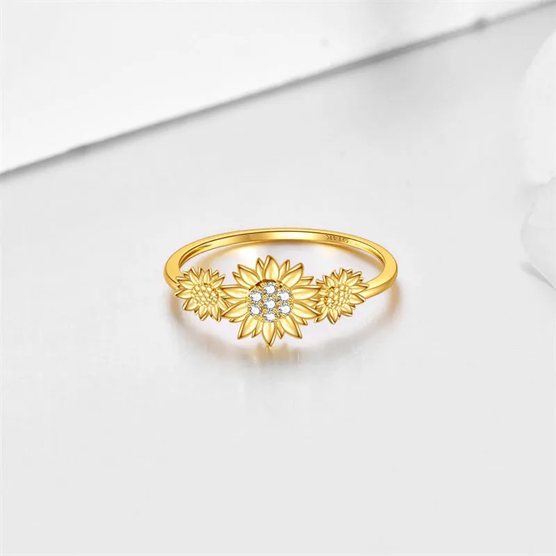 14k Solid Gold Sunflower Ring Fine Gold Flower Jewelry Gifts for Women Girls Her #7