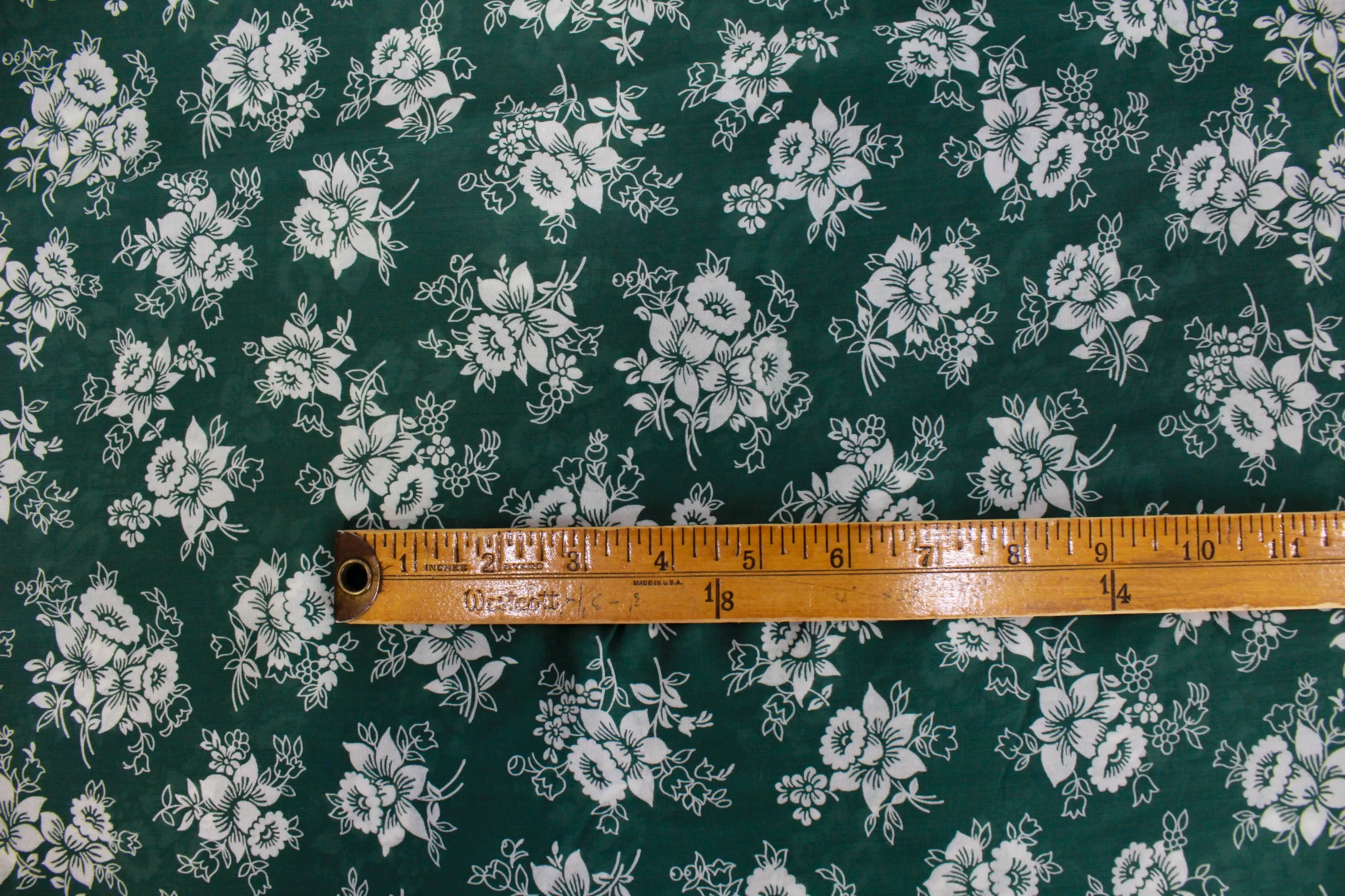 1940s Green Floral Nylon Fabric, 6.5 Yards, Green and White Flower Print