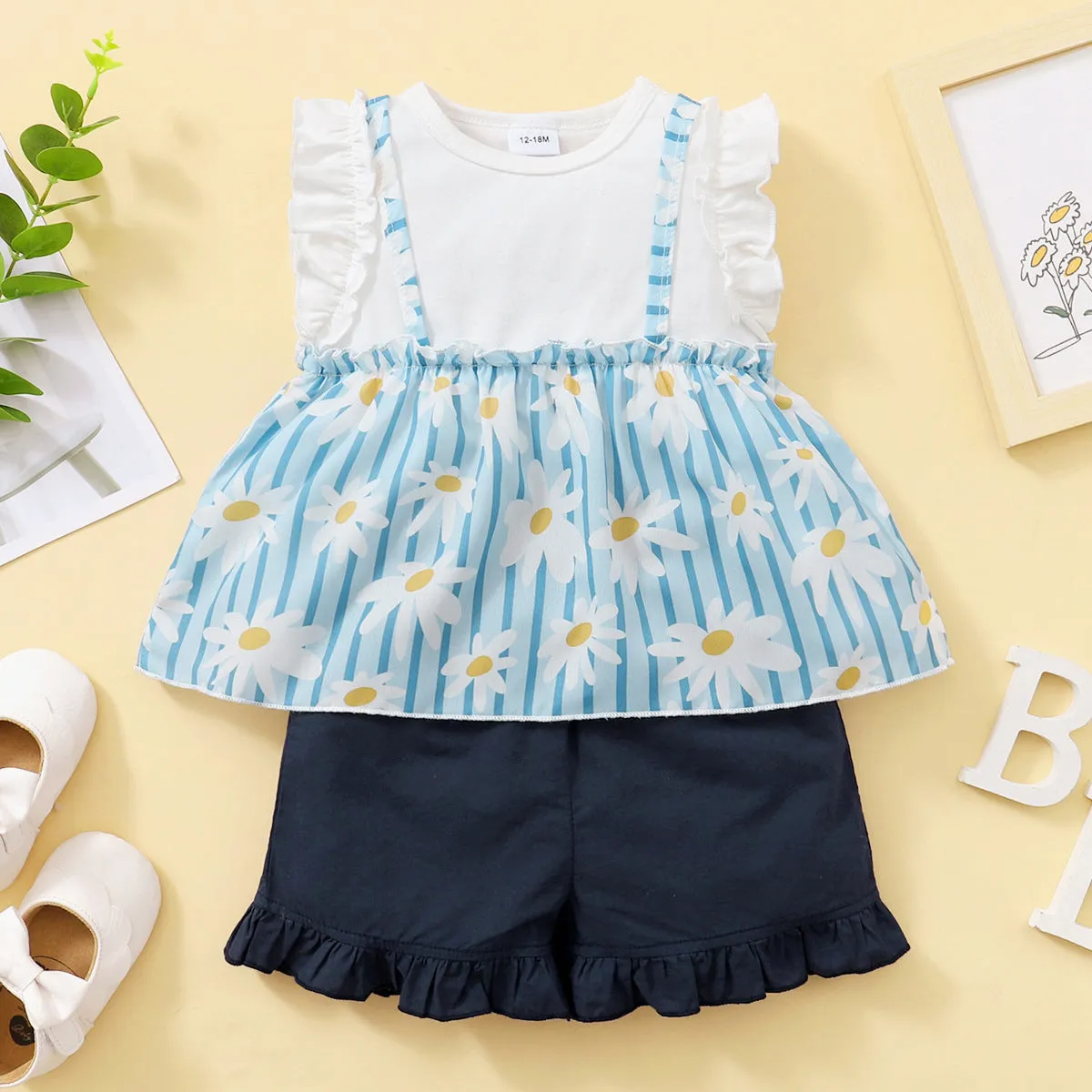 2 Pieces Set Baby Kid Girls Flower Print Tops And Solid Color Shorts