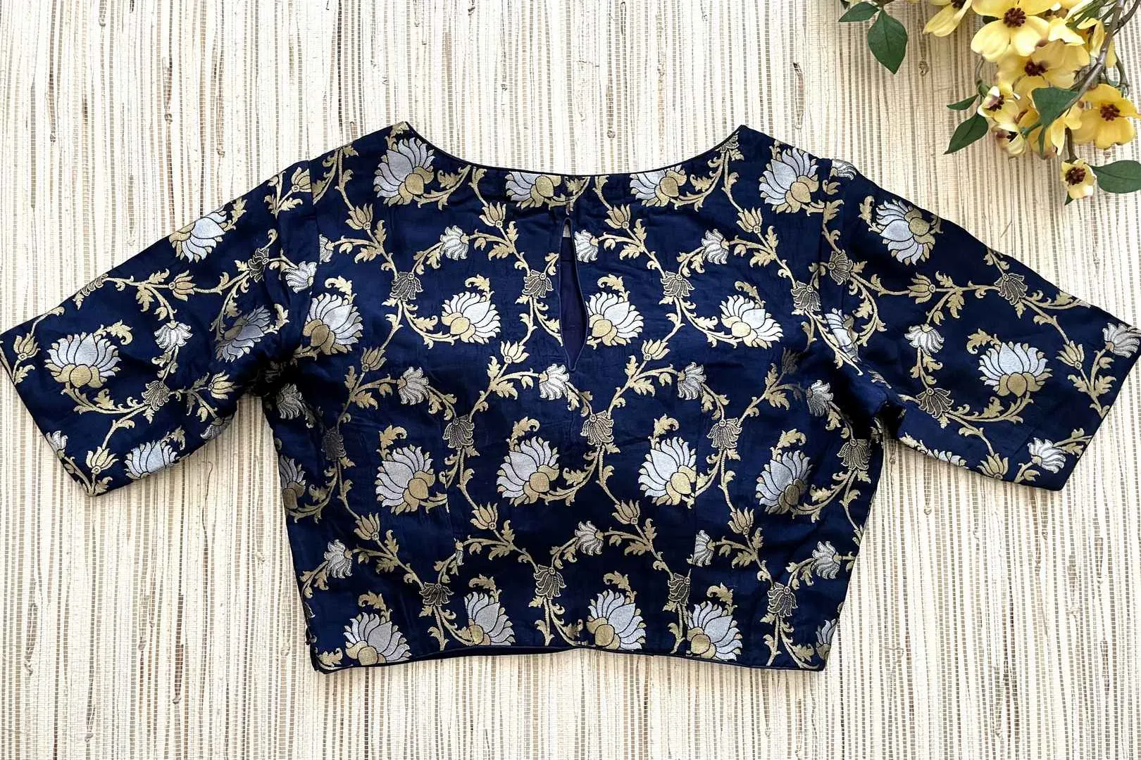 42A005 Navy Blue Banarasi Blouse With Minakari And Zari Work