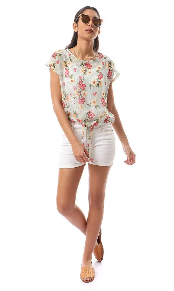 57082 Multicolour Floral Chiffon Blouse With Front Tie