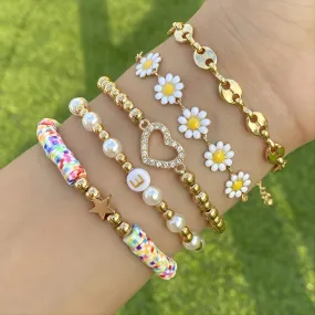 5pack Glitter Dimple Heart Decor Sunflower Flower Lime Pearl Beaded Bracelet Set