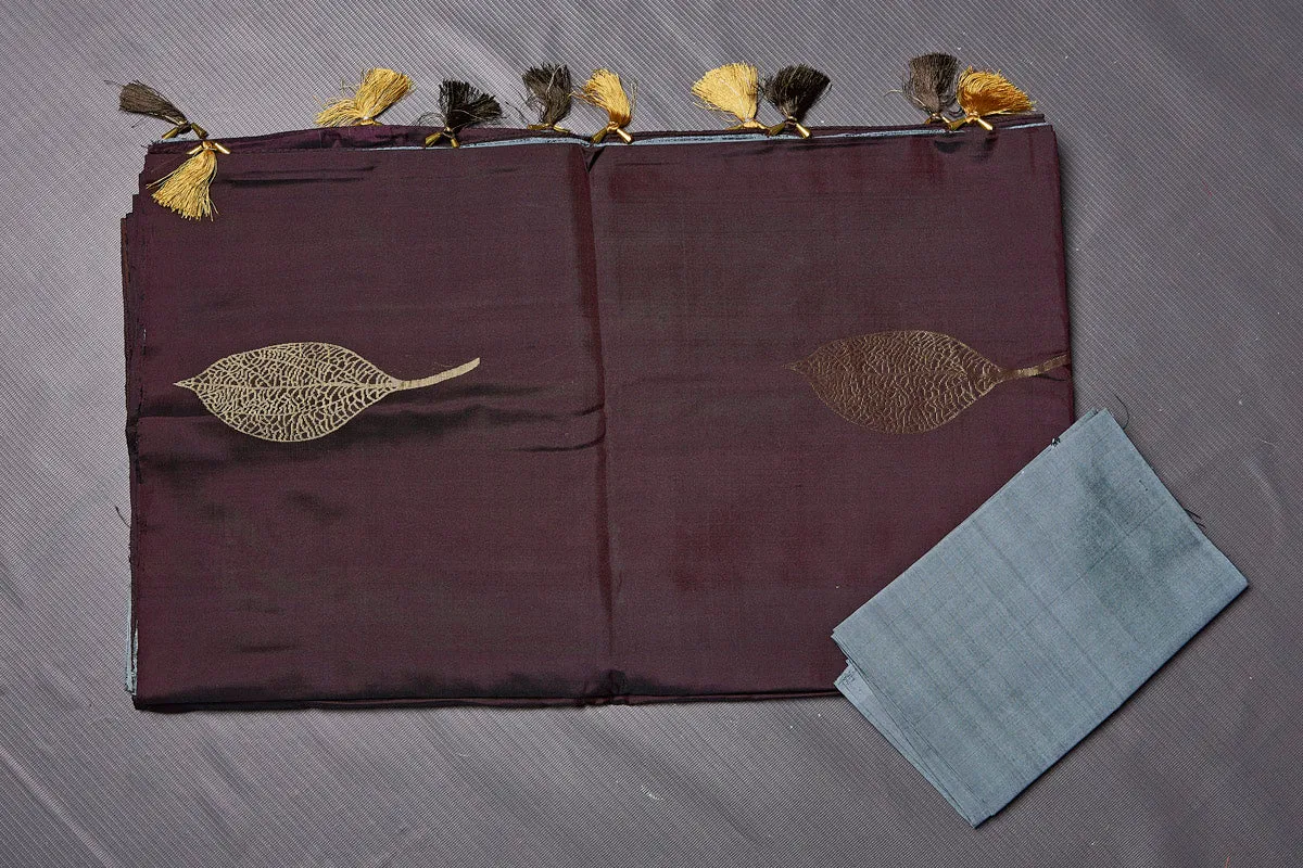 90M373 Brown Kanjeevaram Saree with Leaf Zari Buta