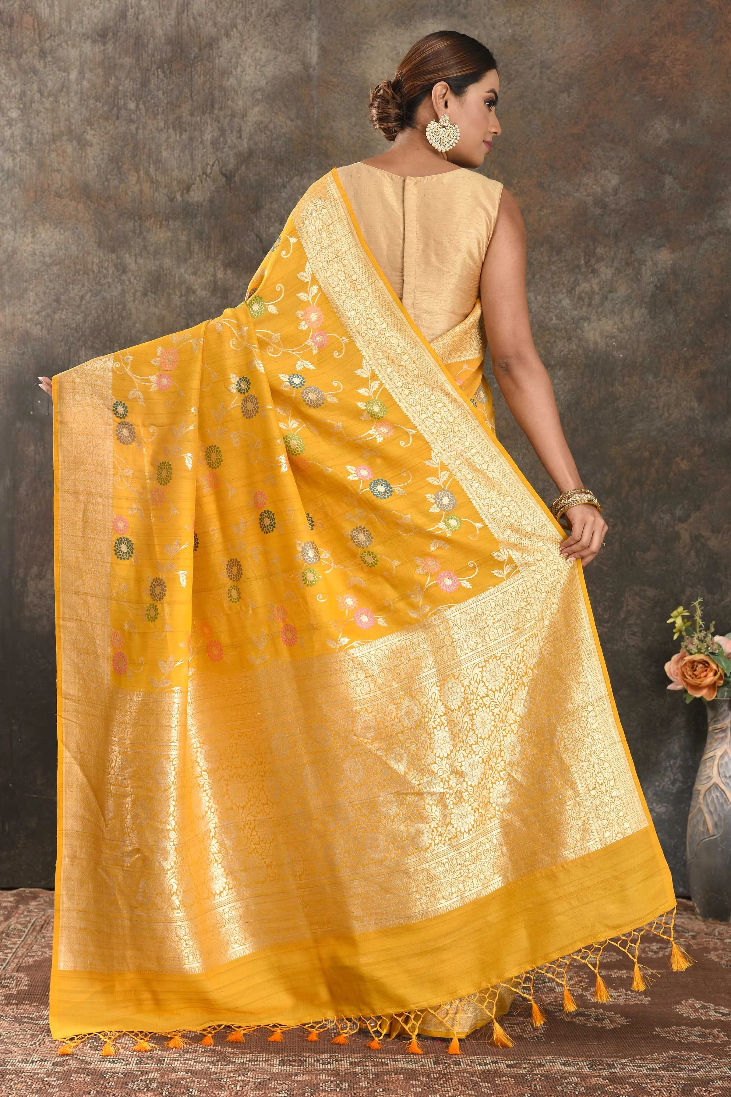 90N418-RO Mango Yellow Tussar Banarasi Sari with Zari Minakari Jaal