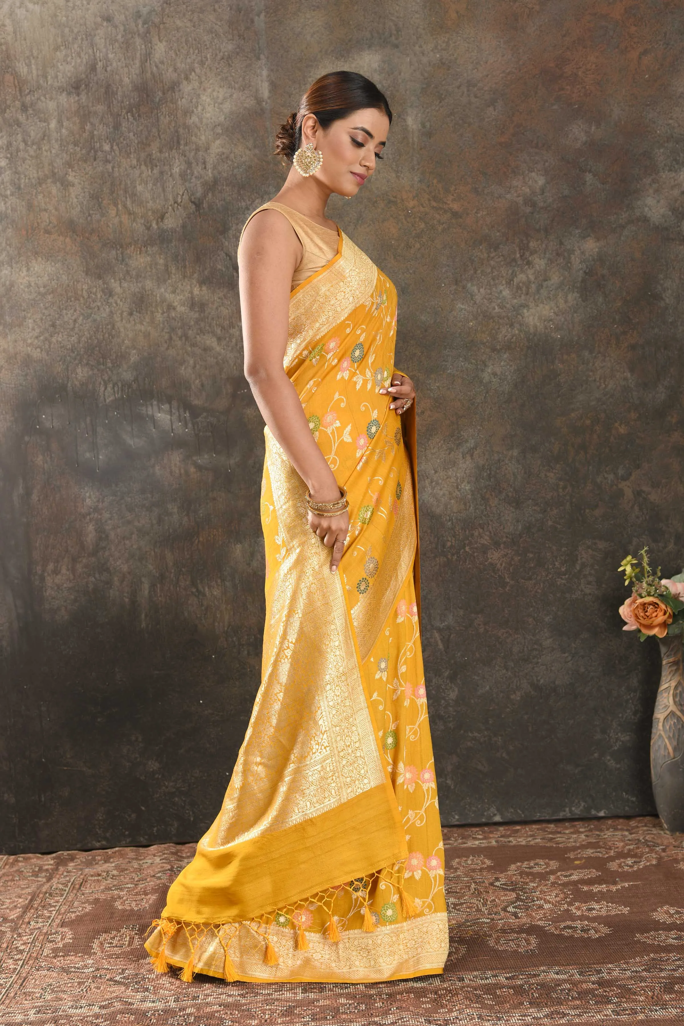 90N418-RO Mango Yellow Tussar Banarasi Sari with Zari Minakari Jaal