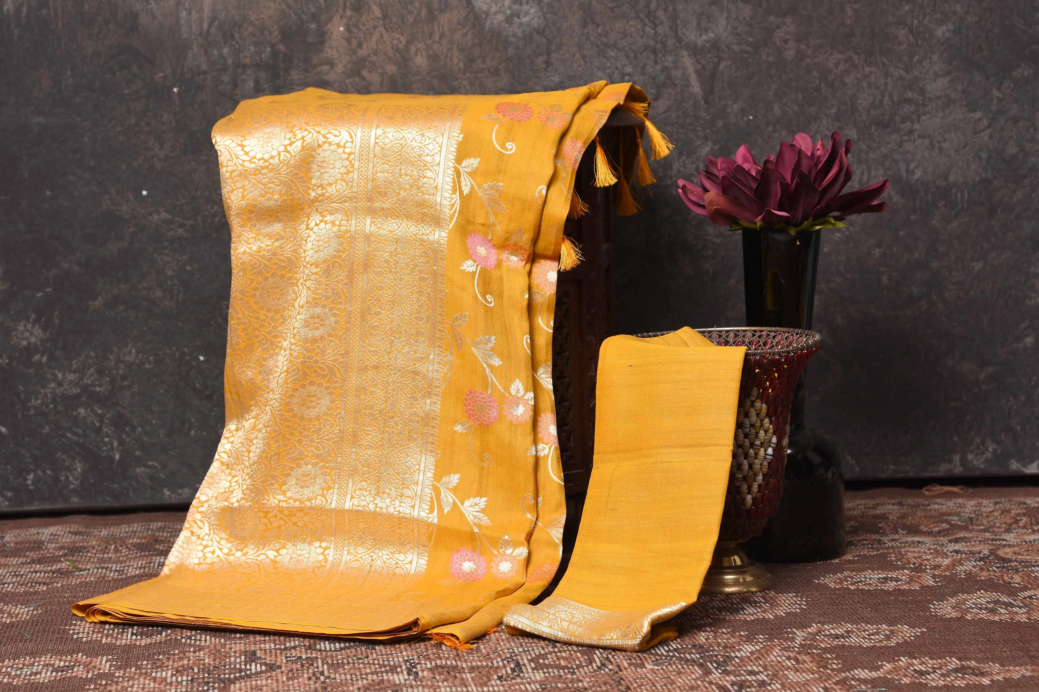 90N418-RO Mango Yellow Tussar Banarasi Sari with Zari Minakari Jaal