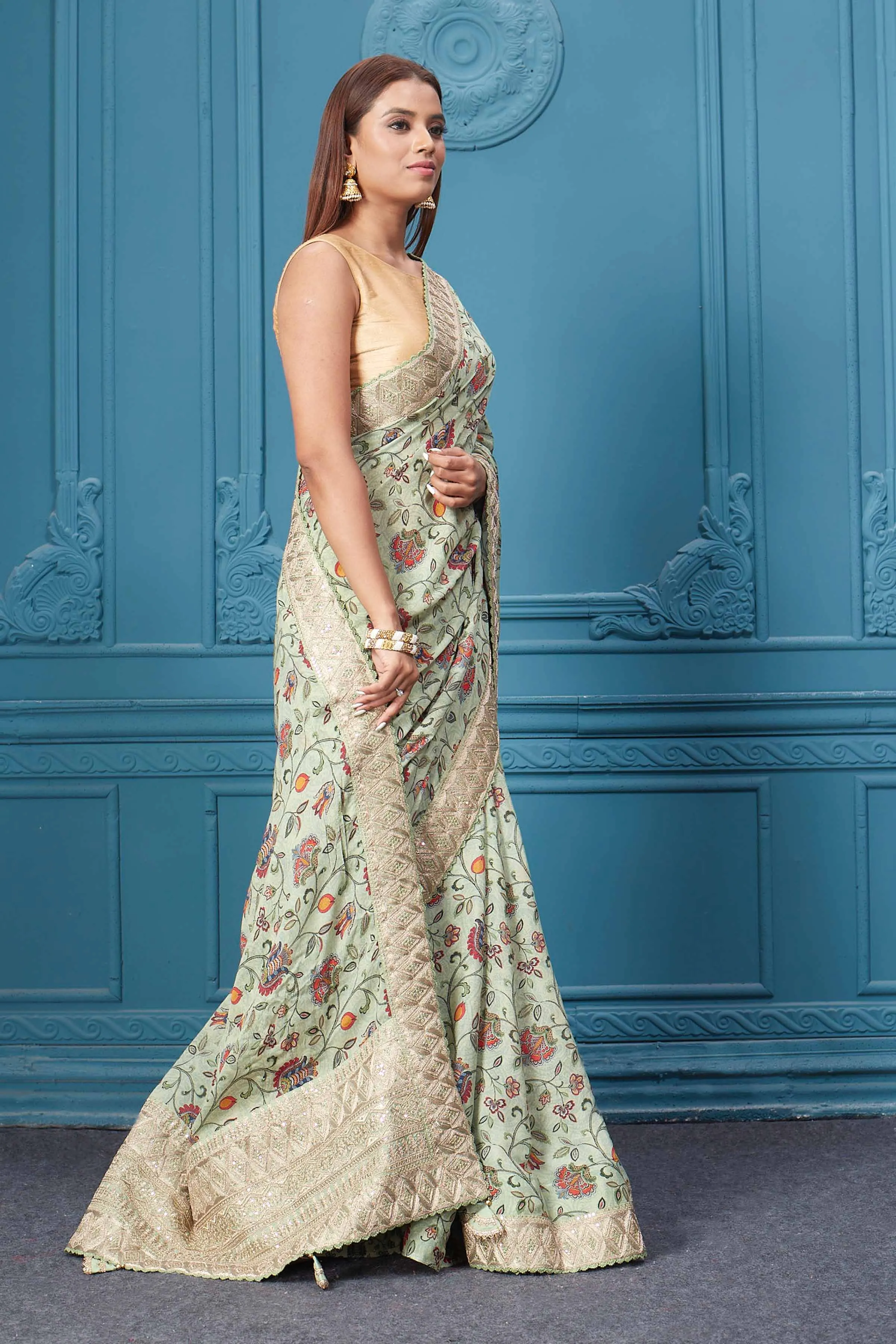 91A106 Sage Green Printed and Embroidered Crepe Silk Saree