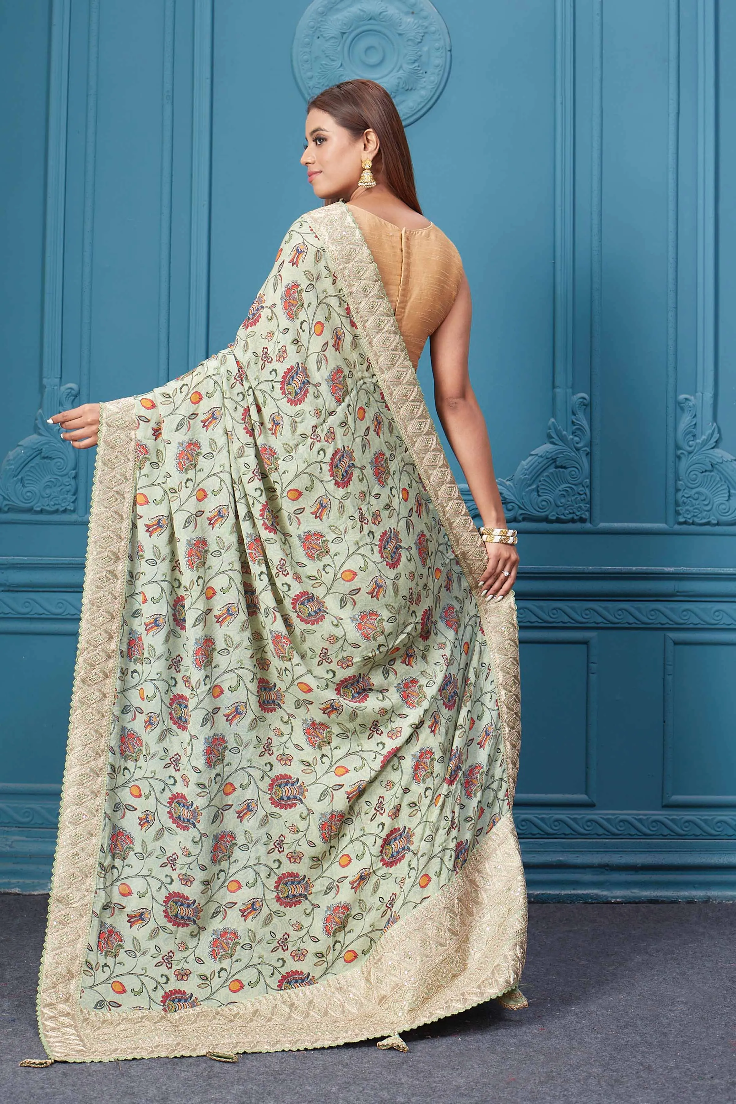 91A106 Sage Green Printed and Embroidered Crepe Silk Saree