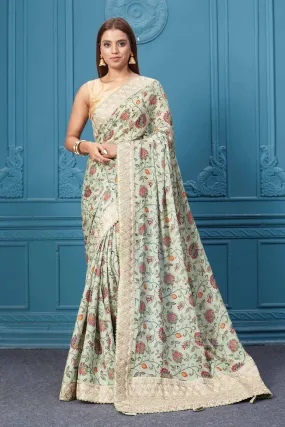 91A106 Sage Green Printed and Embroidered Crepe Silk Saree