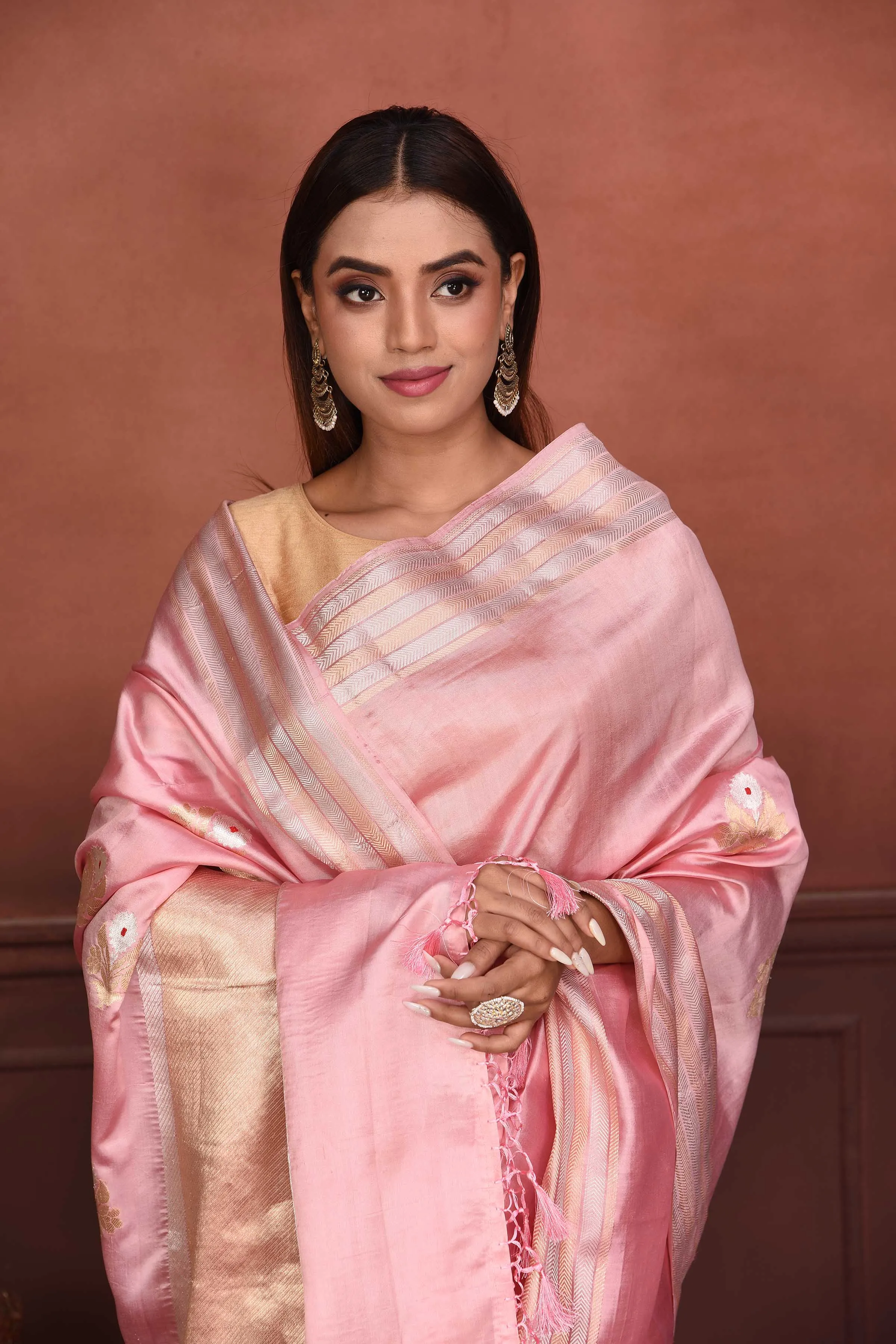 91A149-RO Light Pink Katan Silk Banarasi Saree with Floral Buta