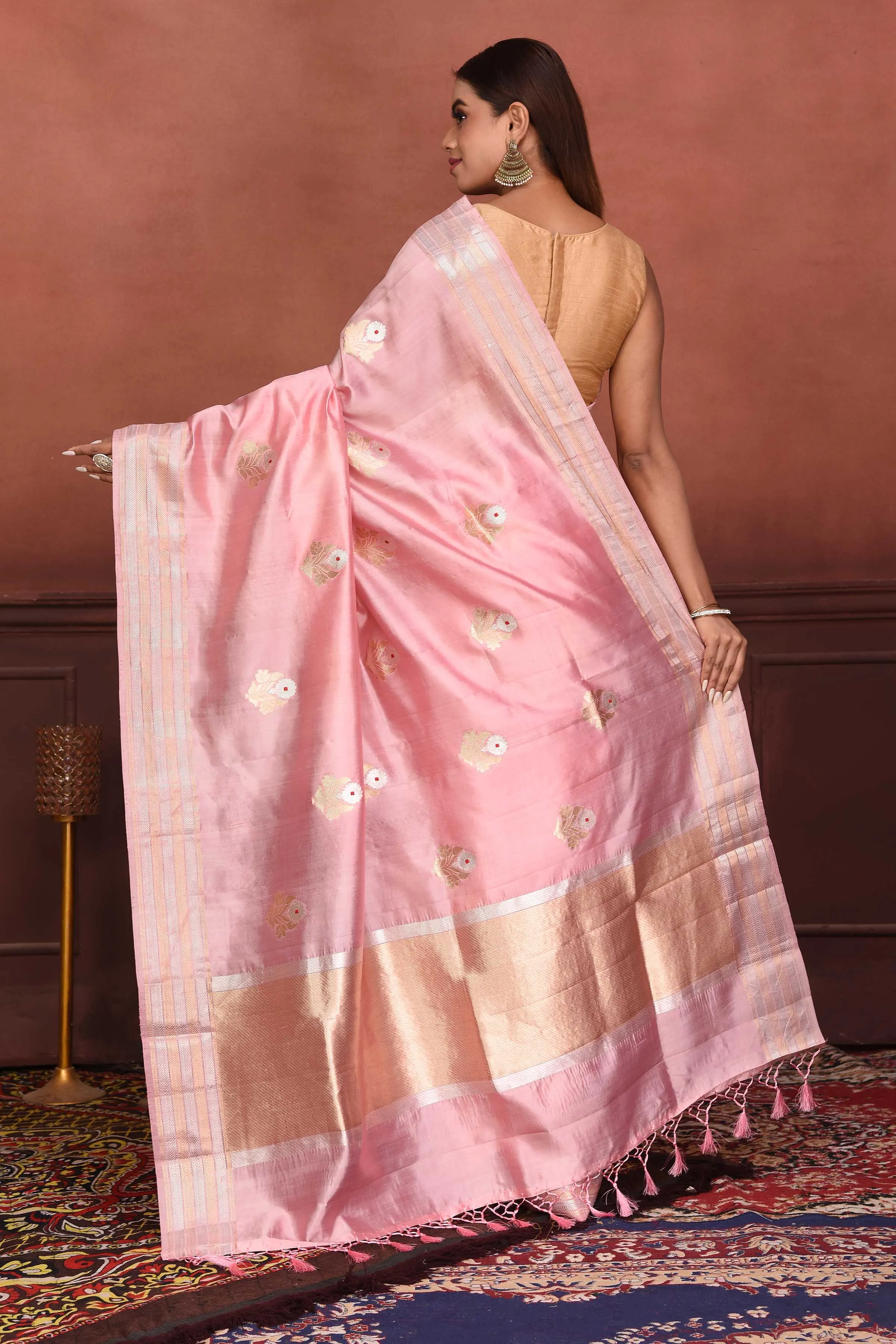 91A149-RO Light Pink Katan Silk Banarasi Saree with Floral Buta