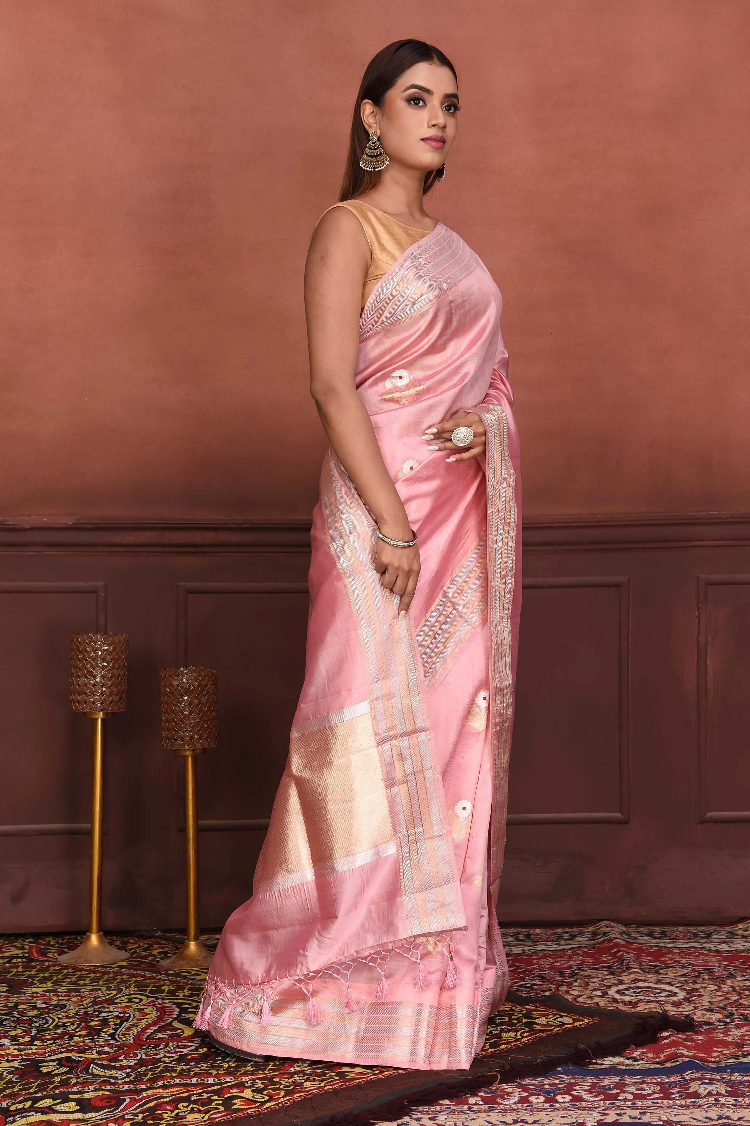 91A149-RO Light Pink Katan Silk Banarasi Saree with Floral Buta