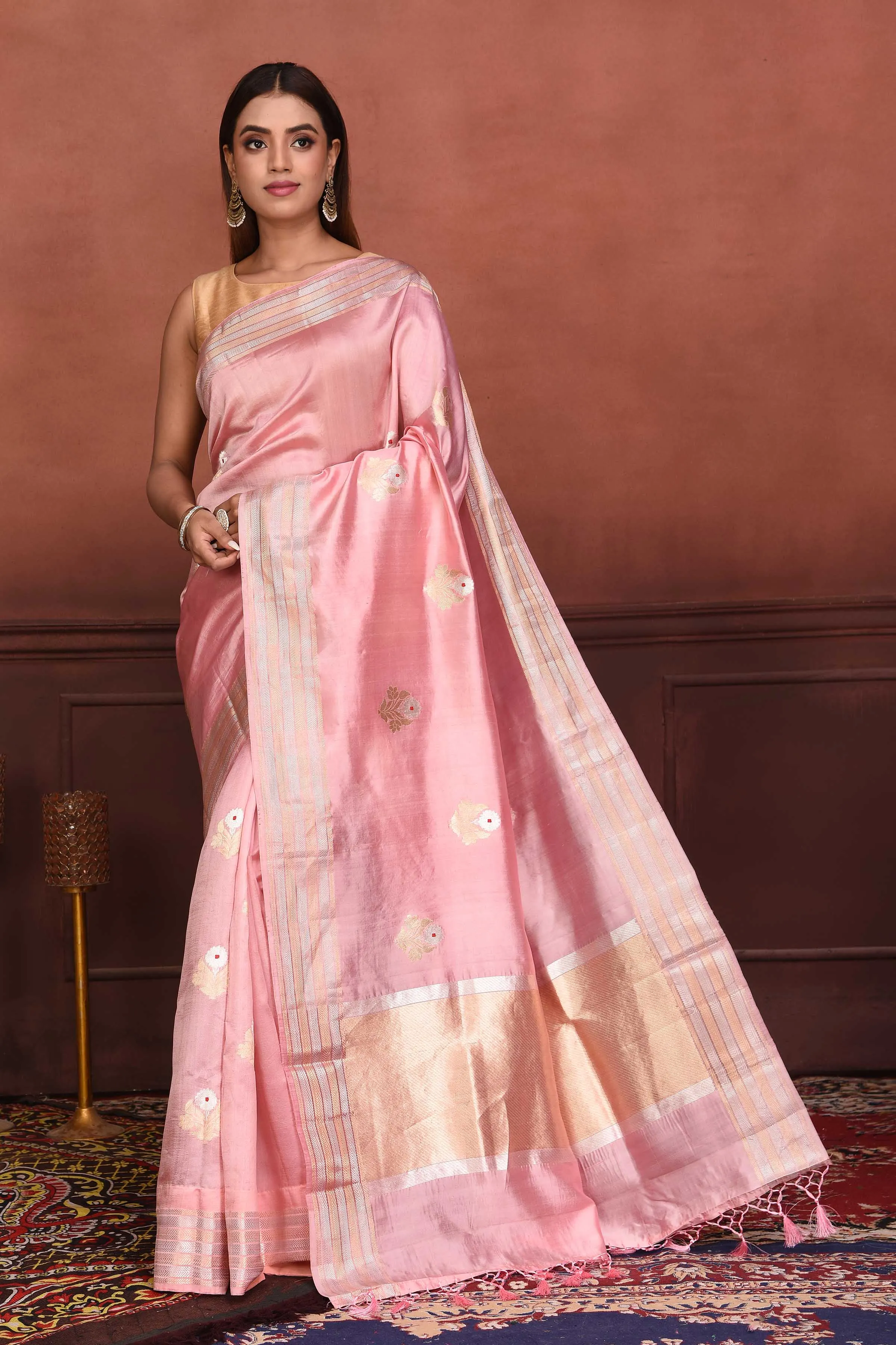 91A149-RO Light Pink Katan Silk Banarasi Saree with Floral Buta