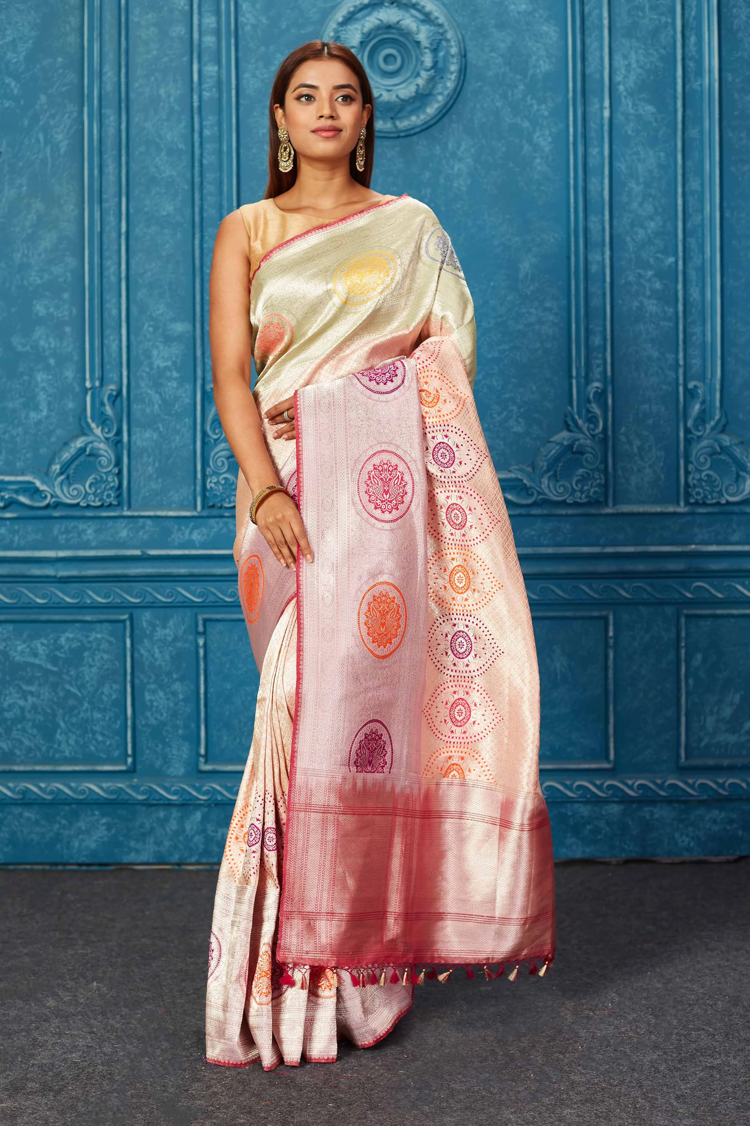 91A218 Cream and Pink Heavy Banarasi Saree