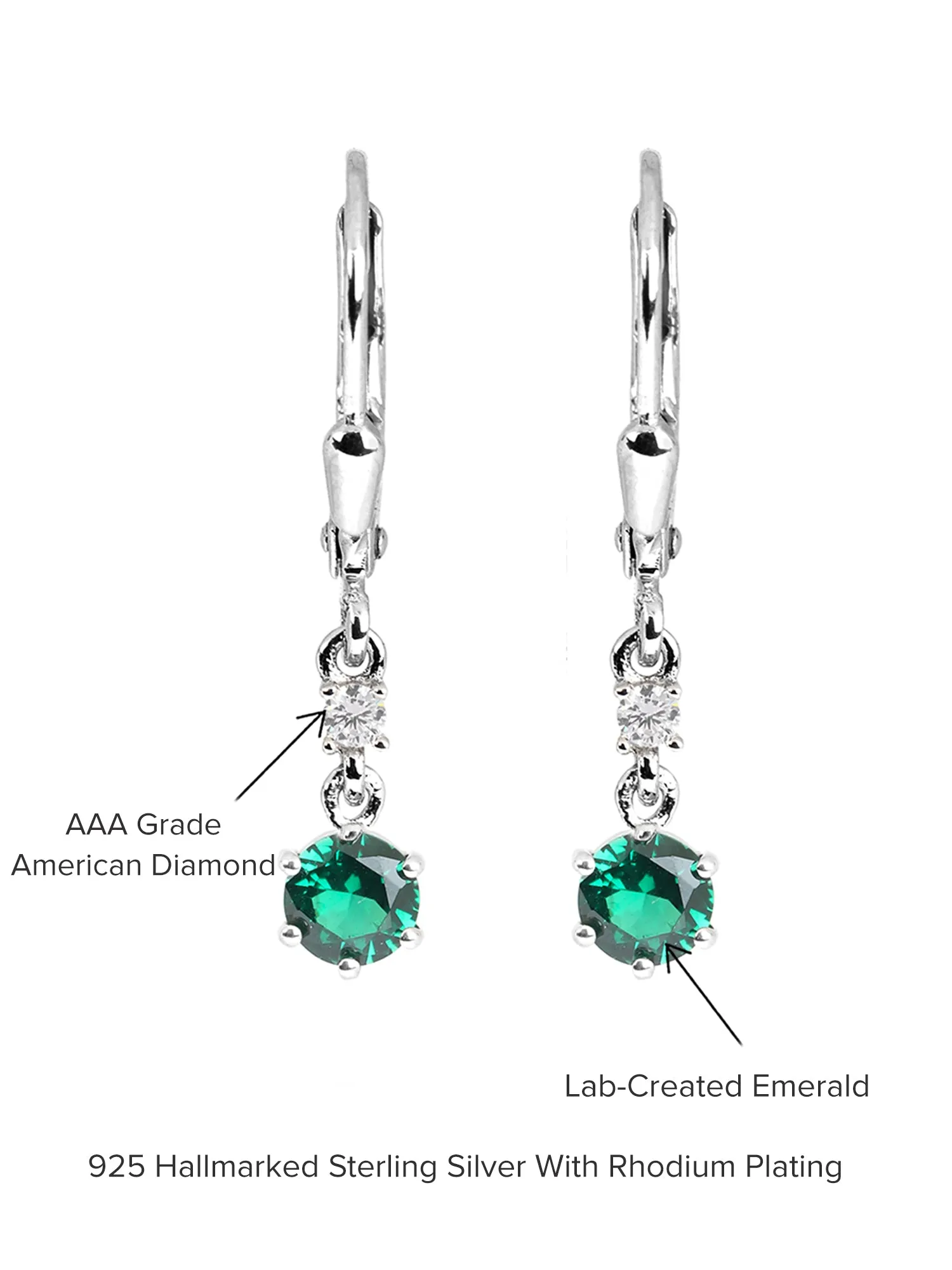 925 Sterling Silver Emerald Dangle Earrings For Women