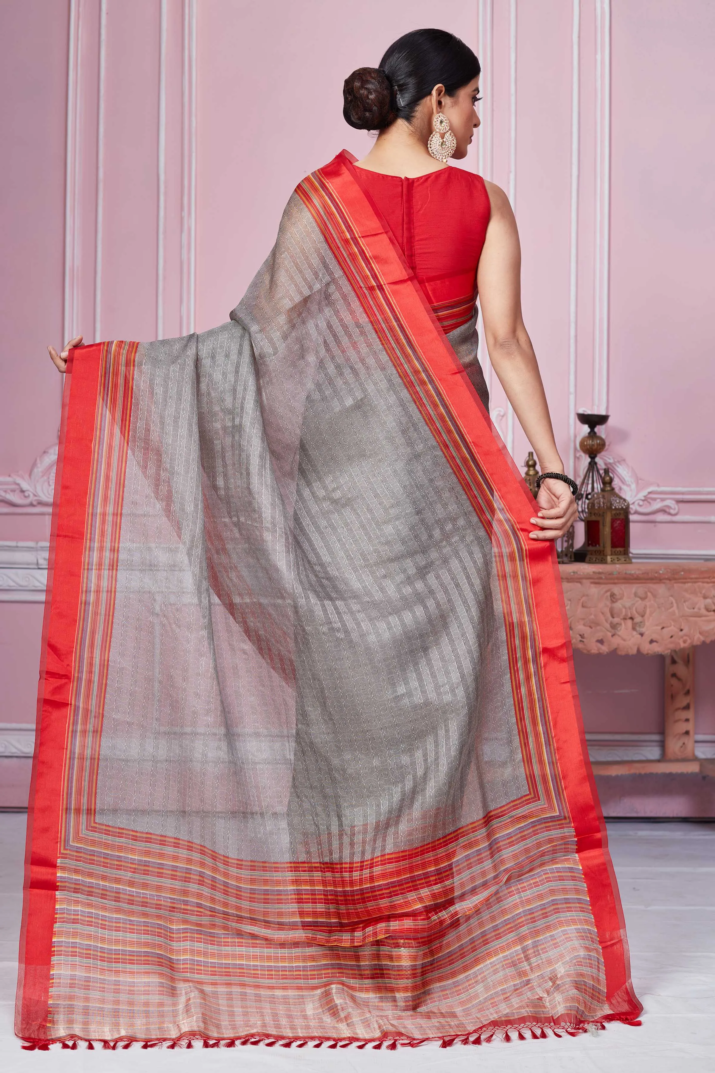 92A254 Grey Self- Stripes Organza Saree With Red Border