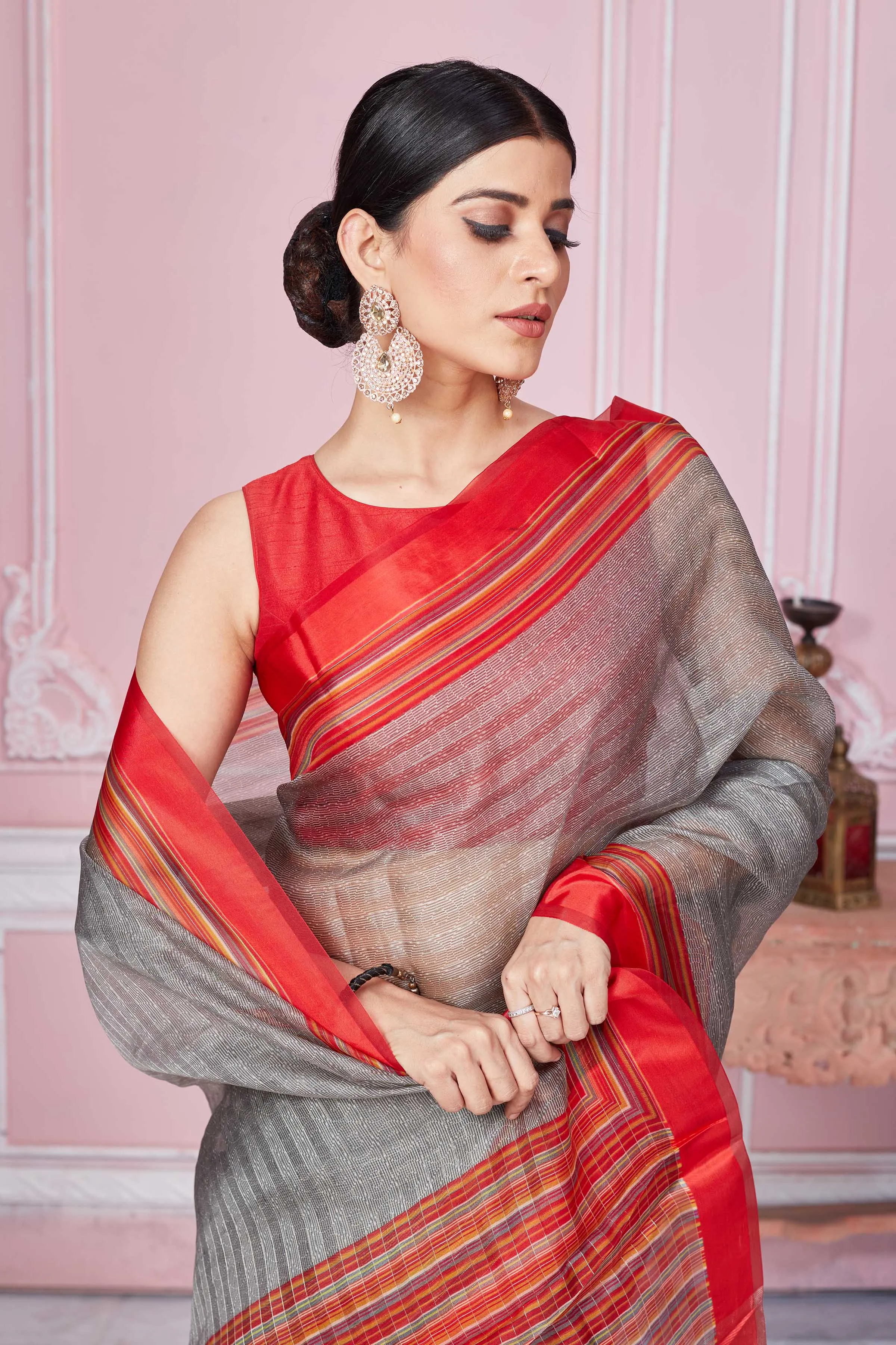 92A254 Grey Self- Stripes Organza Saree With Red Border