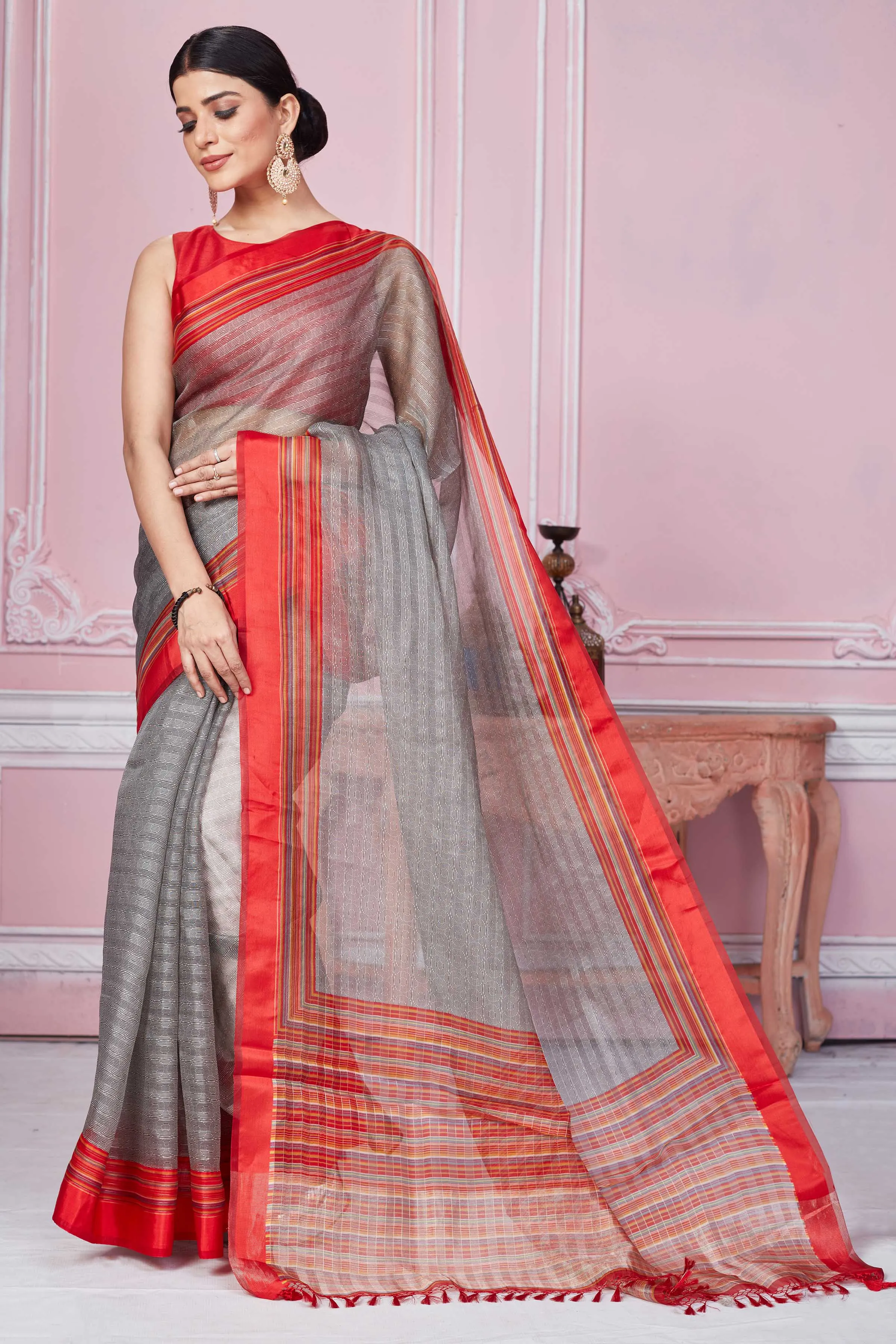 92A254 Grey Self- Stripes Organza Saree With Red Border