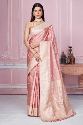 92A263 Dusty Pink Banarasi Saree With Zari Buta And Border