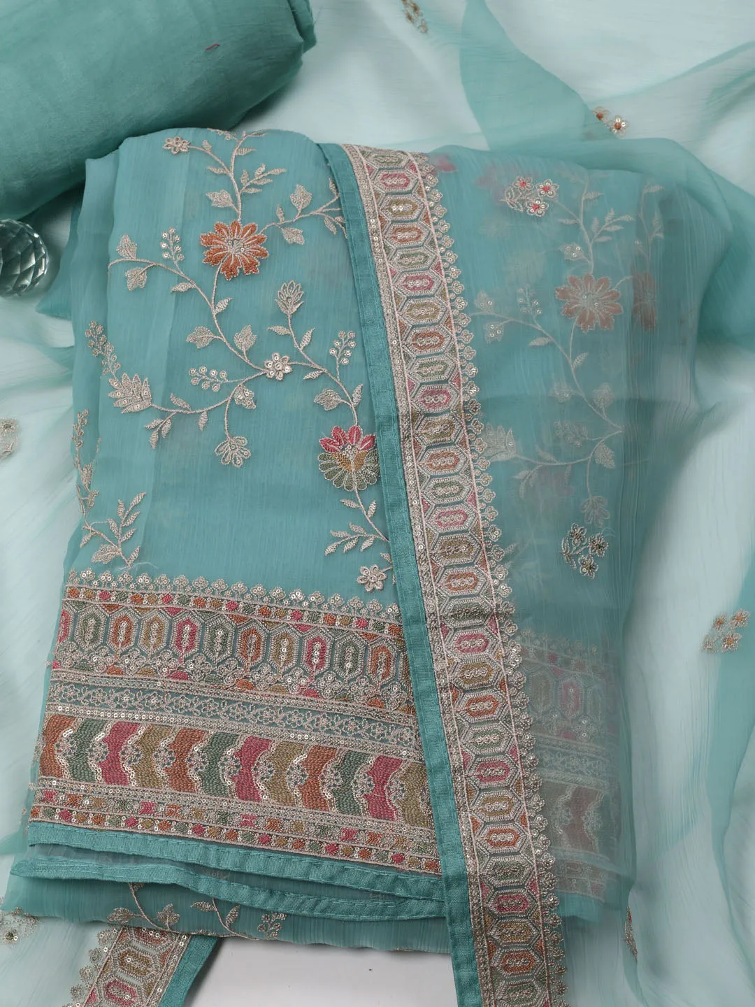 All Over Embroidery Organza Unstitched Suit Piece With Dupatta