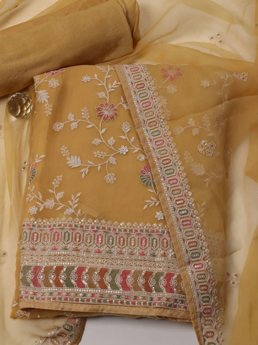 All Over Embroidery Organza Unstitched Suit Piece With Dupatta