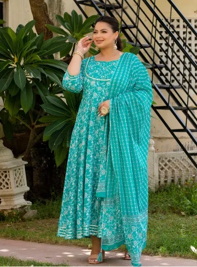 Anarkali Plus Size Turquoise Kurti Dupatta Set UK NEXT DAY