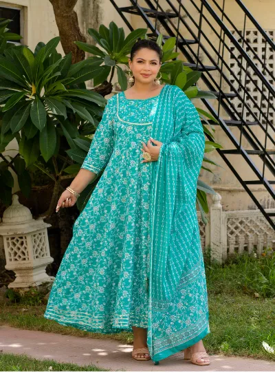 Anarkali Plus Size Turquoise Kurti Dupatta Set UK NEXT DAY