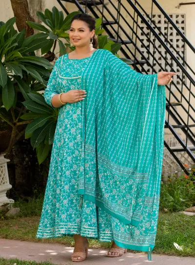 Anarkali Plus Size Turquoise Kurti Dupatta Set UK NEXT DAY