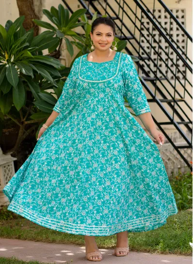 Anarkali Plus Size Turquoise Kurti Dupatta Set UK NEXT DAY