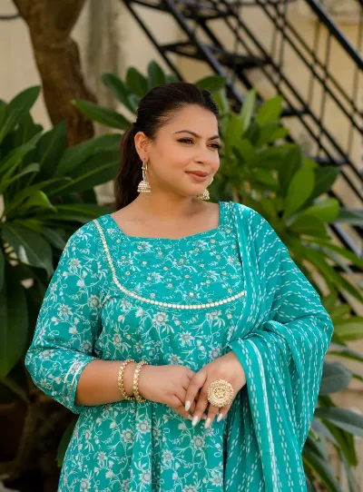 Anarkali Plus Size Turquoise Kurti Dupatta Set UK NEXT DAY