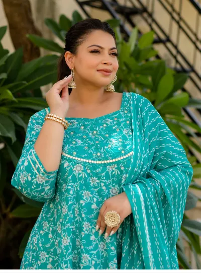 Anarkali Plus Size Turquoise Kurti Dupatta Set UK NEXT DAY