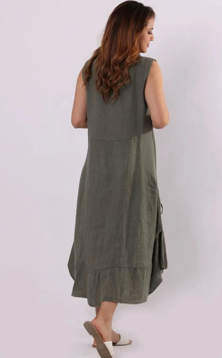 Anne   Kate Italian Plain Linen Gathered Sides Dress