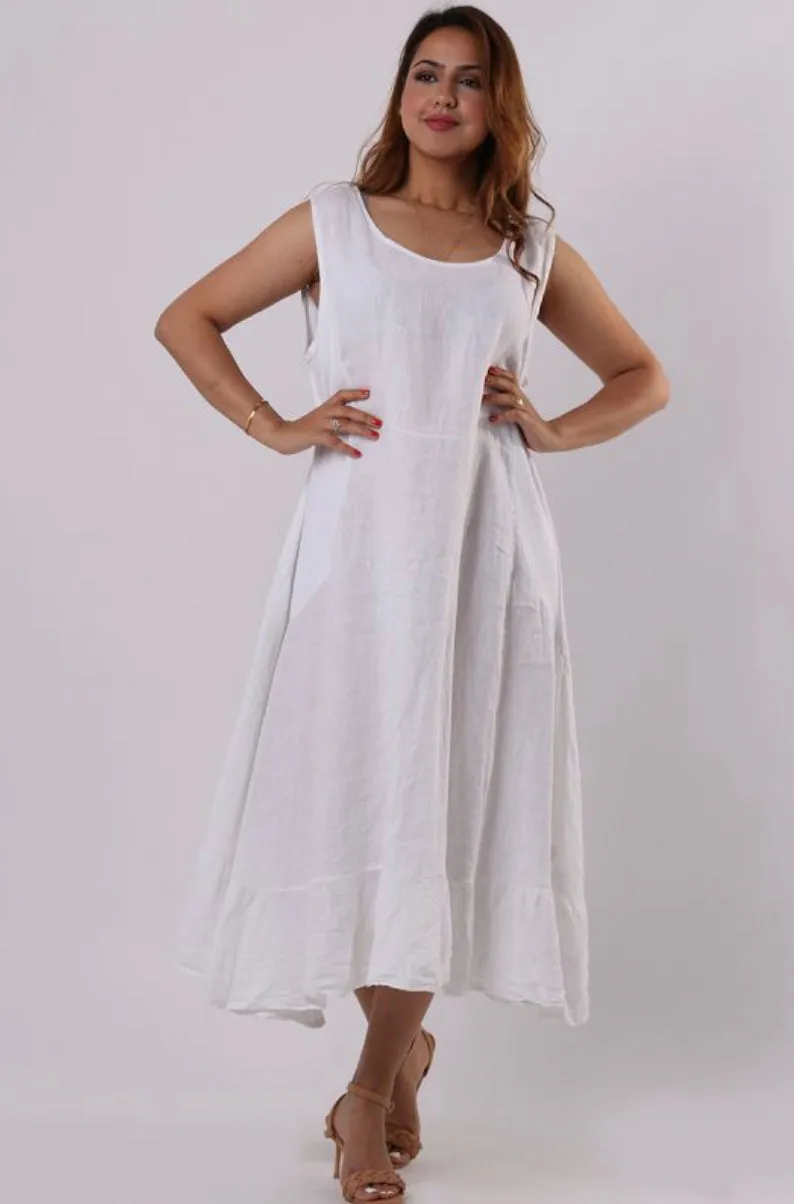 Anne   Kate Italian Plain Linen Gathered Sides Dress