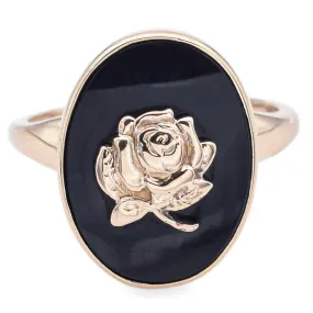 Antique BDA Signed Black Onyx 10K Yellow Gold Rose Flower Cocktail Ring Size 5.5