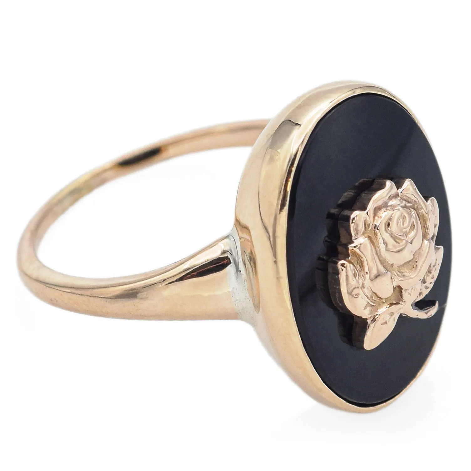 Antique BDA Signed Black Onyx 10K Yellow Gold Rose Flower Cocktail Ring Size 5.5