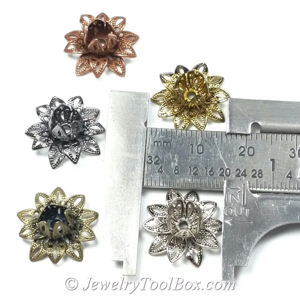 Antique Bronze Filigree Flower Bead Caps, Multiple Layer,  Bendable, Moldable, 2mm Hole, Lot Size 100, #2054