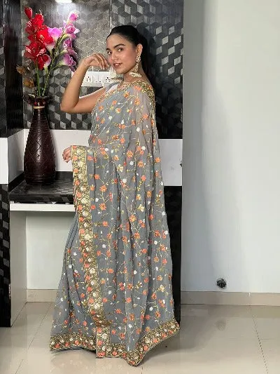 Ash Grey Georgette Heavy Sequence Work Designer Saree